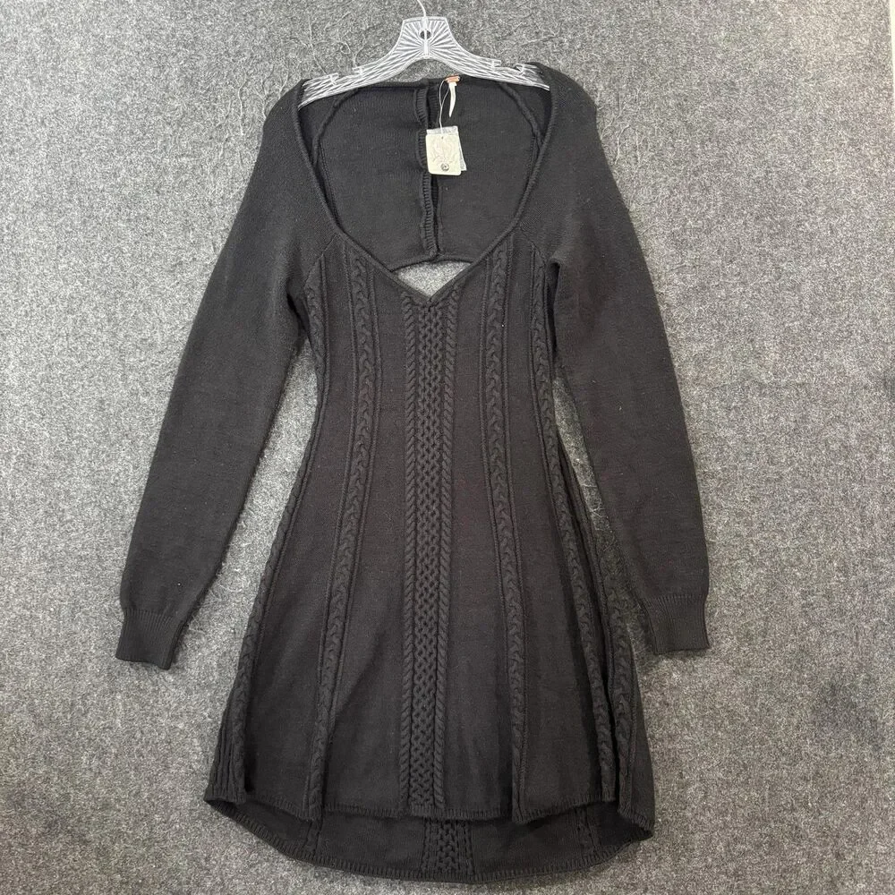 Free People Small World Dress Women's Large Black Cable Knit Cut Out Sweater